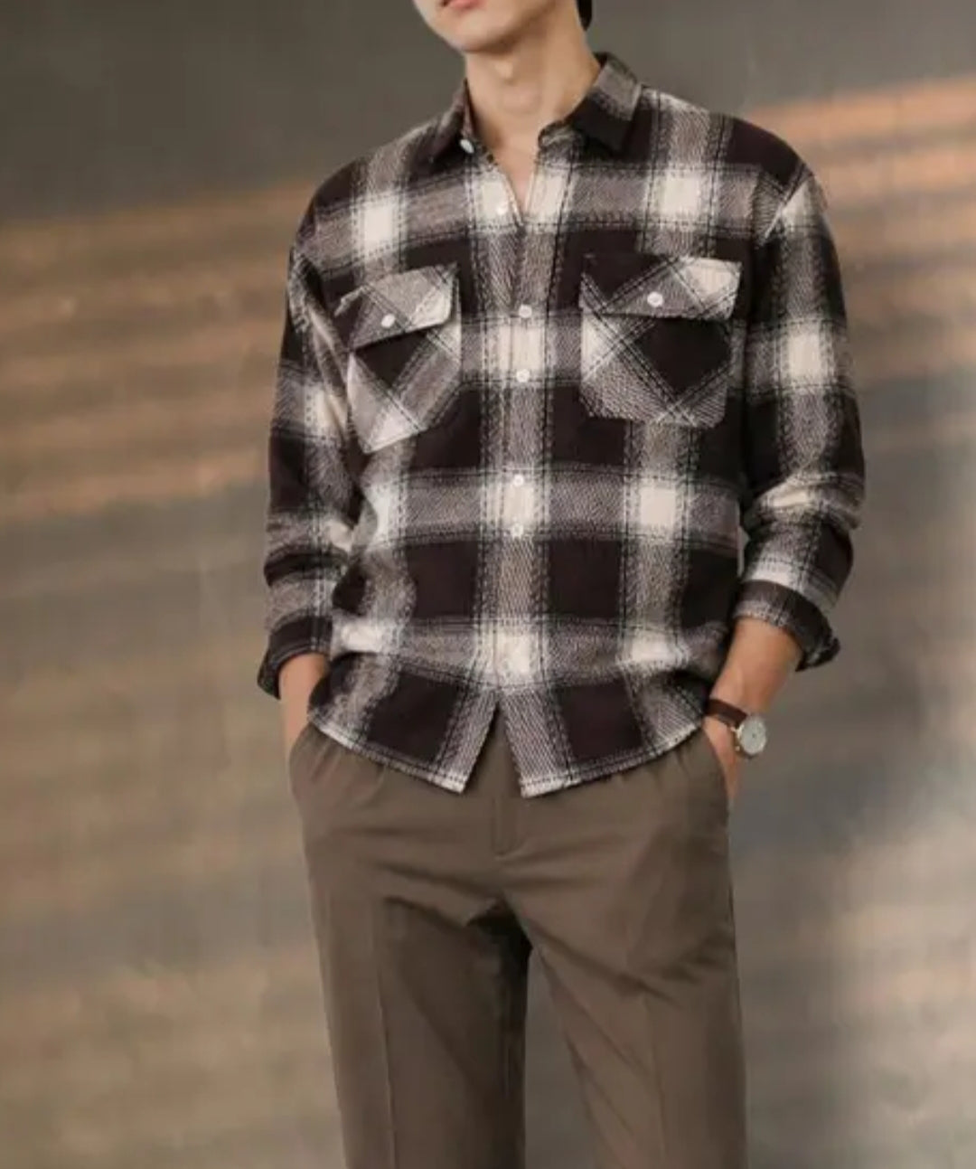 Brown chex causal double pocket shirt